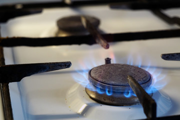 Fototapeta premium Flames from burning gas on a stove. Cooking in the kitchen with a gas stove.