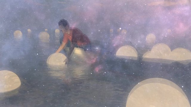 Moon catcher. Man in a boat