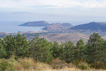 Beautiful landscape with Crimean pine trees in foreground, relief valley against background of blue ridge of Crimean mountains. View from Mount Tepe Oba. Feodosia, Crimea, Russia - September, 2019