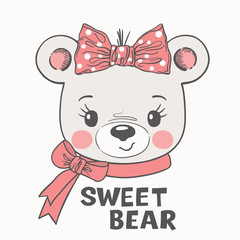 Bear girl face with bow. Cute cartoon vector illustration design for t-shirt graphics, fashion prints, slogan tees