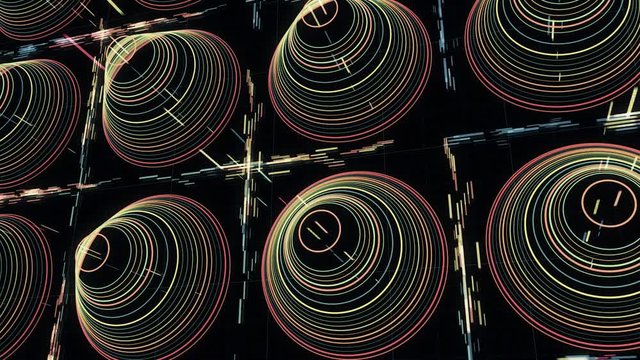 Abstract cone shaped silhouettes of colorful narrows circles placed in rows with many straight lines on black background, seamless loop. Animation. Futuristic background.
