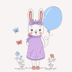 Bunny girl with balloon. Cute vector illustration