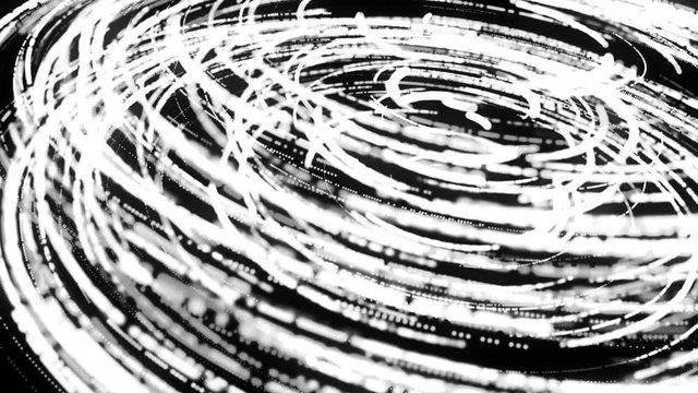 Abstract black and white striped optical illusion of geometrical white wormhole shape on black background, seamless loop. Animation. 3D glowing neon rings of light, monochrome.
