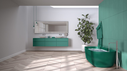Spacious bathroom in turquoise tones with herringbone parquet floor, close-up, freestanding tub, double sink with towels and bottles, mirror, potted plant, minimalist interior design
