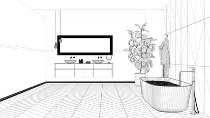 Blueprint project draft, spacious bathroom with herringbone parquet floor, close-up, freestanding tub, double sink with towels and bottles, potted plant, minimalist interior design