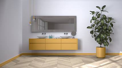 Spacious bathroom in yellow tones with herringbone parquet floor, close-up, double sink with towels and beauty bottles, mirror, potted plant, minimalist interior design concept idea