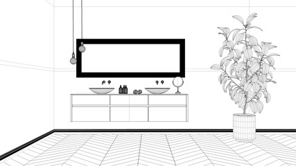 Blueprint project draft, spacious bathroom with parquet floor, close-up, double sink with towels and beauty bottles, mirror, potted plant, minimalist interior design concept idea