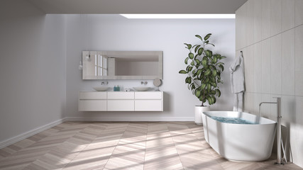 Spacious bathroom in beige tones with herringbone parquet floor, close-up, freestanding tub, double sink with towels and bottles, mirror, potted plant, minimalist interior design