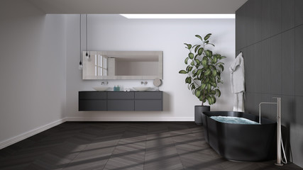 Spacious bathroom in white and gray tones with herringbone parquet floor, close-up, freestanding tub, double sink, towels and bottles, mirror, potted plant, minimalist interior design
