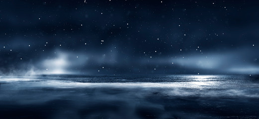  Empty futuristic landscape, background, night view, cold frozen water, ice.