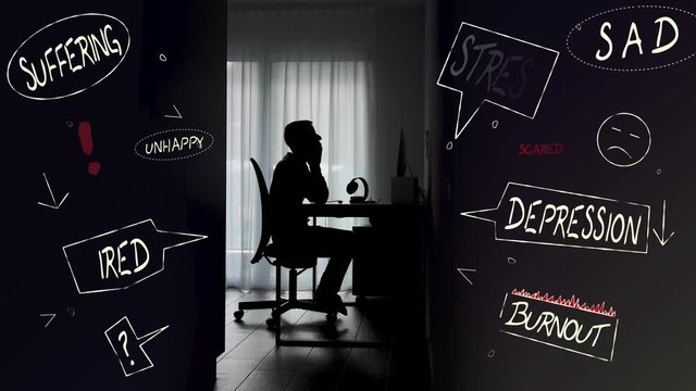 Silhouettes of a frustrated man working on a computer - Digital overlays - Depression, Suffering, Tired, Unhappy, Burnout, Sad, Stress