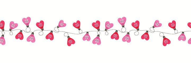 Colorful Valentine's Day Holiday Intertwined Heart Shape String Lights on White Background Vector Seamless Border