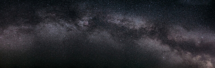 Real Night Sky Stars With Milky Way Galaxy. Natural Starry Sky Background. Panorama Panoramic View © Great Brut Here