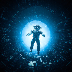 Dangers of space travel / 3D illustration of astronaut floating in dark mysterious space station corridor