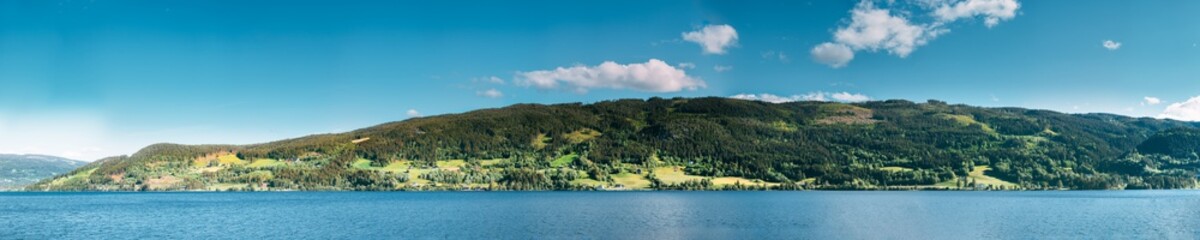 Fodnes, Strandefjord Lake, Norway. Beautiful Lake In Summer Sunny Day. Norwegian Nature. Panorama, Panoramic View