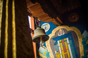 Large prayer wheel in buddhist temple in Bhutan