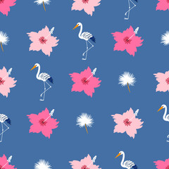 Seamless Tropical Vector Pattern with colorful hibiscus flowers, dandelions and elegant storks