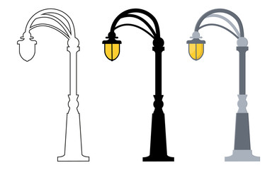 Naklejka premium Outline, black silhouette, cartoon streen lights set isolated on white background. Vintage street lights. Elements for landscape construction. Vector illustration for any design.