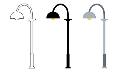 Outline, black silhouette, cartoon streen lights set isolated on white background. Vintage street lights. Elements for landscape construction. Vector illustration for any design.