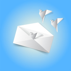 White paper envelope with birdsWhite paper birds fly out of the envelope, vector illustration.