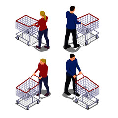 Men and women with shopping carts in isometric view. People with empty grocery carts go shopping.