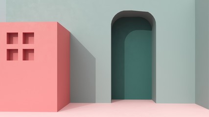 Architectural background of buildings with stairs and arches. Bright castle, ancient housing against the blue sky - 3D, render. Banner, card for travel, presentations, advertising with copy space.