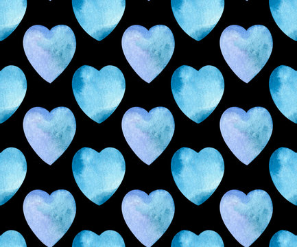 Watercolor seamless pattern of blue hearts on black