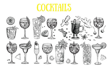 Alcoholic cocktails sketch. Нand drawn illustrations. - obrazy, fototapety, plakaty