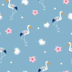 Seamless Tropical Vector Pattern with elegant storks, pink hibiscus flowers, white dandelions and stars for textile industry, print or fabric designs