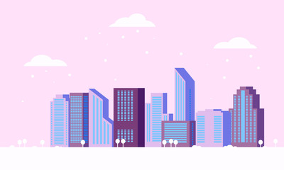 Winter city landscape with snow and clouds. Vector illustration