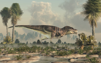 A fat tyrannosaurus rex stands in a prehistoric wetland. The most popular carnivorous dinosaur, this predator lived during the Cretaceous period. 3D Rendering.