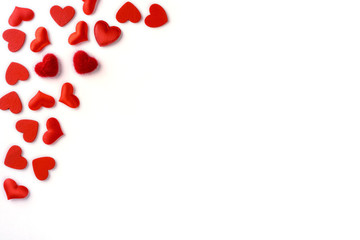 Festive composition from red hearts scattered and isolated on white background, valentines day concept, copy space for text, flatlay