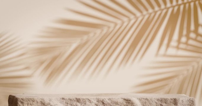Cosmetic background for product presentation. Cream sand stone podiums on cream background with loop motion shadow of leaf. 4k UHD 3d render animation illustration.