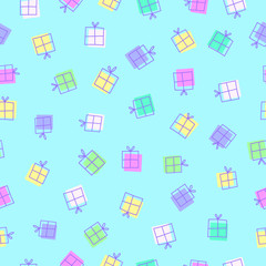 Seamless pattern of colourful gift boxes isolated on a pastel blue background