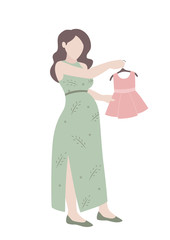 Young pregnant woman choosing a dress for her baby. Vector flat illustration in pastel colors. Preparation to maternity.