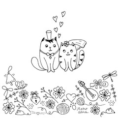 Big set of Cats Wedding. Just married. Accessories of the bride and groom, wedding gifts. Toast to us. Wedding cake and car. Lovely cats. Hand drawn stock vector illustration in vintage doodle style.