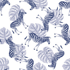 Zebra and monstera leaves seamless pattern. Animal texture. Jungle wallpaper. African exotic background for Fashion design.