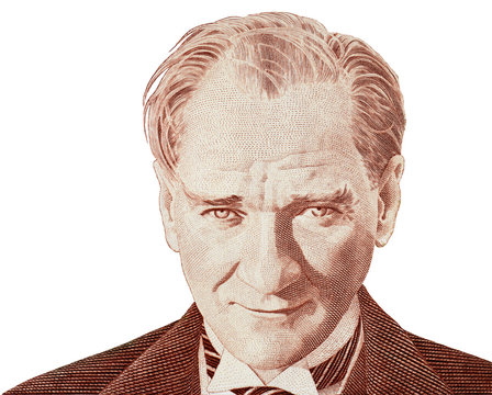 Mustafa Kemal Ataturk portrait on Turkish lira note isolated.