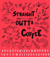 Font alphabet Script Typeface handcrafted handwritten vector label design old style.Shadow Effect.vintage Hand Drawn.Retro Typography.Vector Illustration.coffe shop