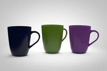 three cups of different colors are made in 3d