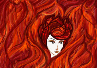Portrait of red haired woman surrounded by flames