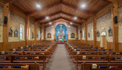Empty nave inside the Basilica of San Albino in the historic district of Mesilla, New Mexico