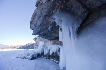 Large Icicles. Lake Baikal winter landscape