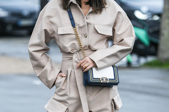 Paris, France - March 05, 2019: Street style appearance in detail during Fashion Week - PFWFW20.