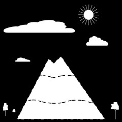 White silhouette of a sleeping volcano with trees, clouds and sun on a black background. Stock vector illustration mountain scenery.