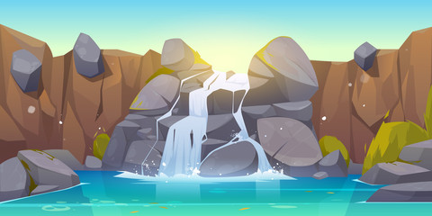Waterfall cartoon illustration. River stream flowing throw rocks to mountain lake. Vector landscape of cascade falling water, stones and bushes in park, jungles or garden © vectorpouch