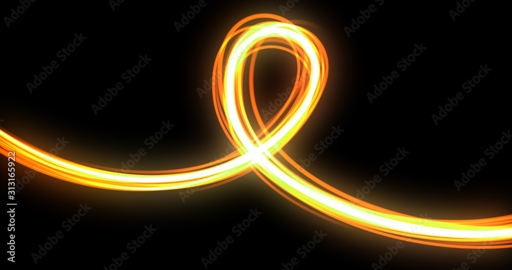 Poster light wave curve spiral trail path, yellow bright neon glowing flash flare trace effect. optic fiber