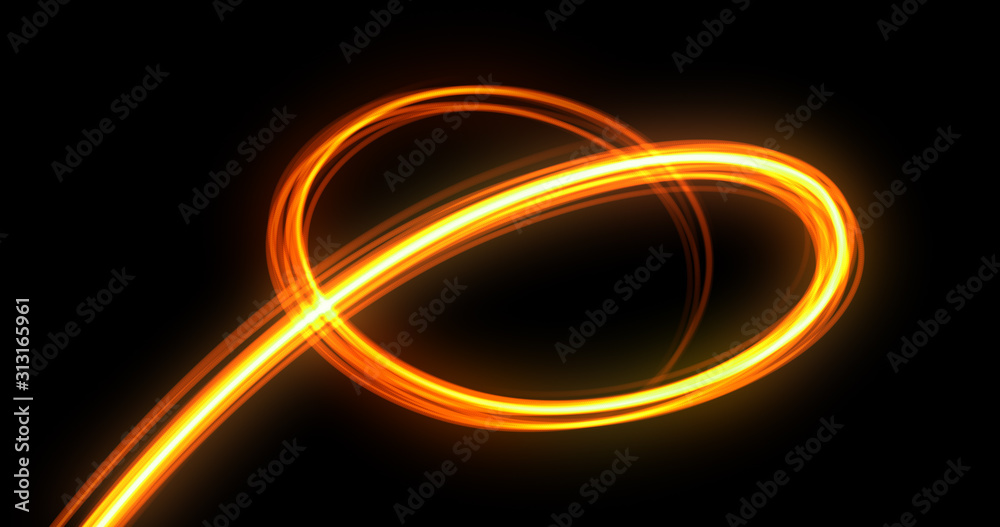 Poster light trail spiral, orange neon glowing wave swirl, energy flash spin trace effect. abstract magic g