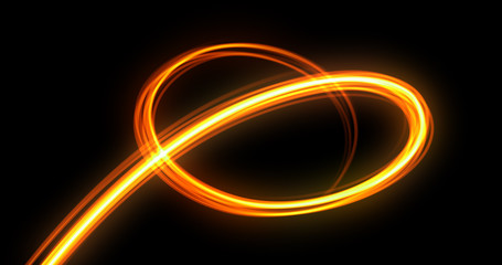 Light trail spiral, orange neon glowing wave swirl, energy flash spin trace effect. Abstract magic glow spiral line swirl trace, optical fiber and bright light path in speed motion on black background © Ron Dale