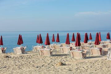 a lot of sun beds and umbrellas on coast line are prepared for hotel guests